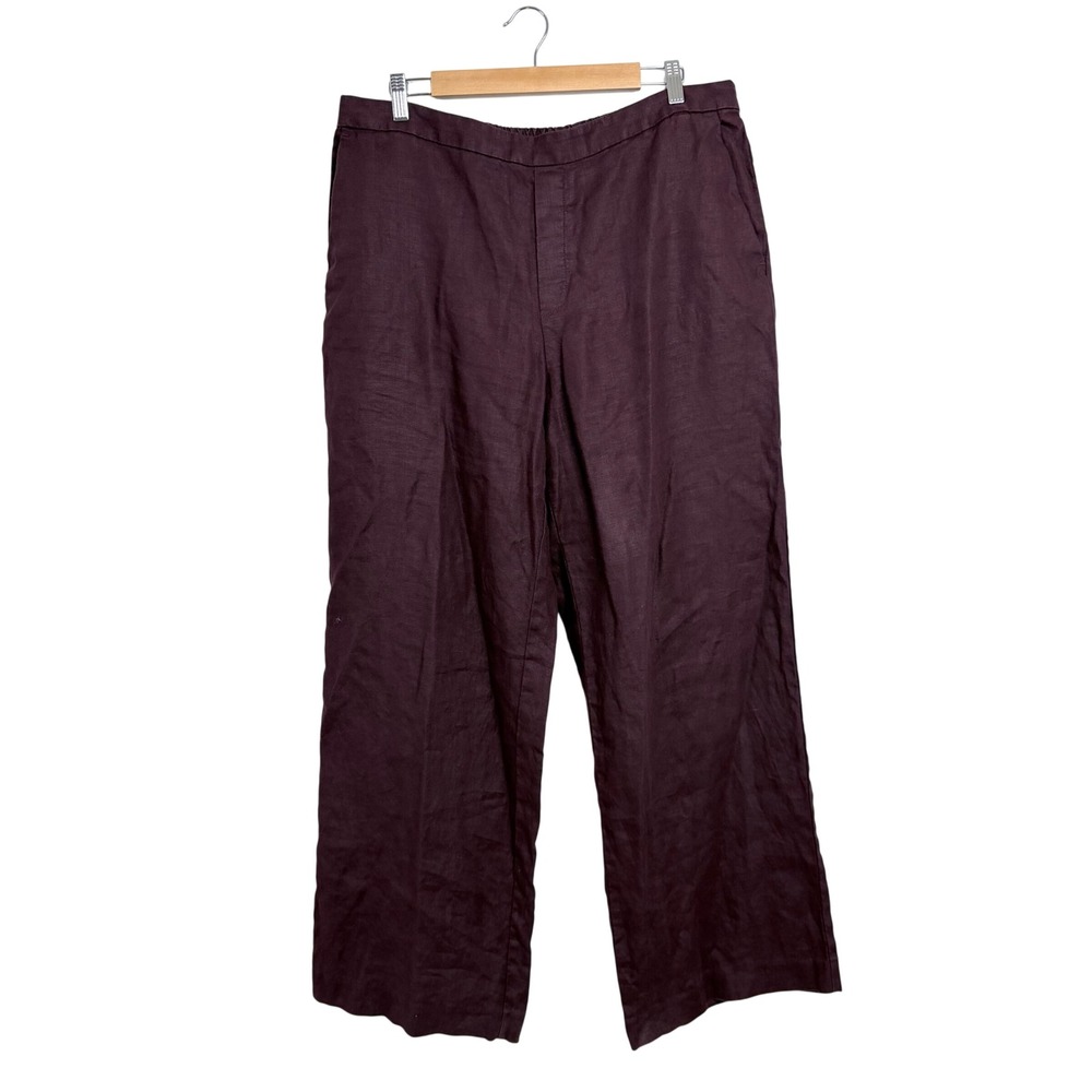 Madewell Wide Leg 100% Linen Pants XL Plum Burgundy NU689 Elastic Waist Pockets